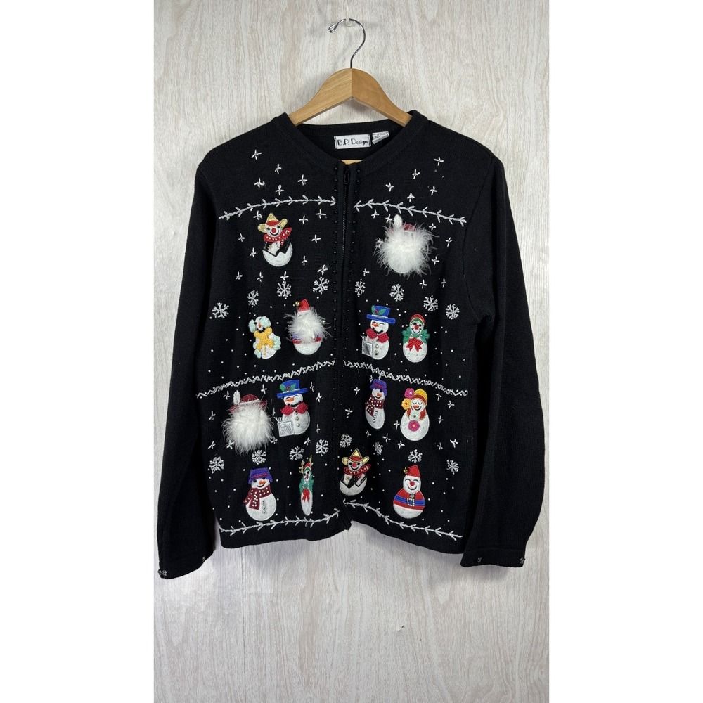 BP Design Christmas Cardigan Womens L Snowman 3D Faux Fur Full Zip Black Vintage